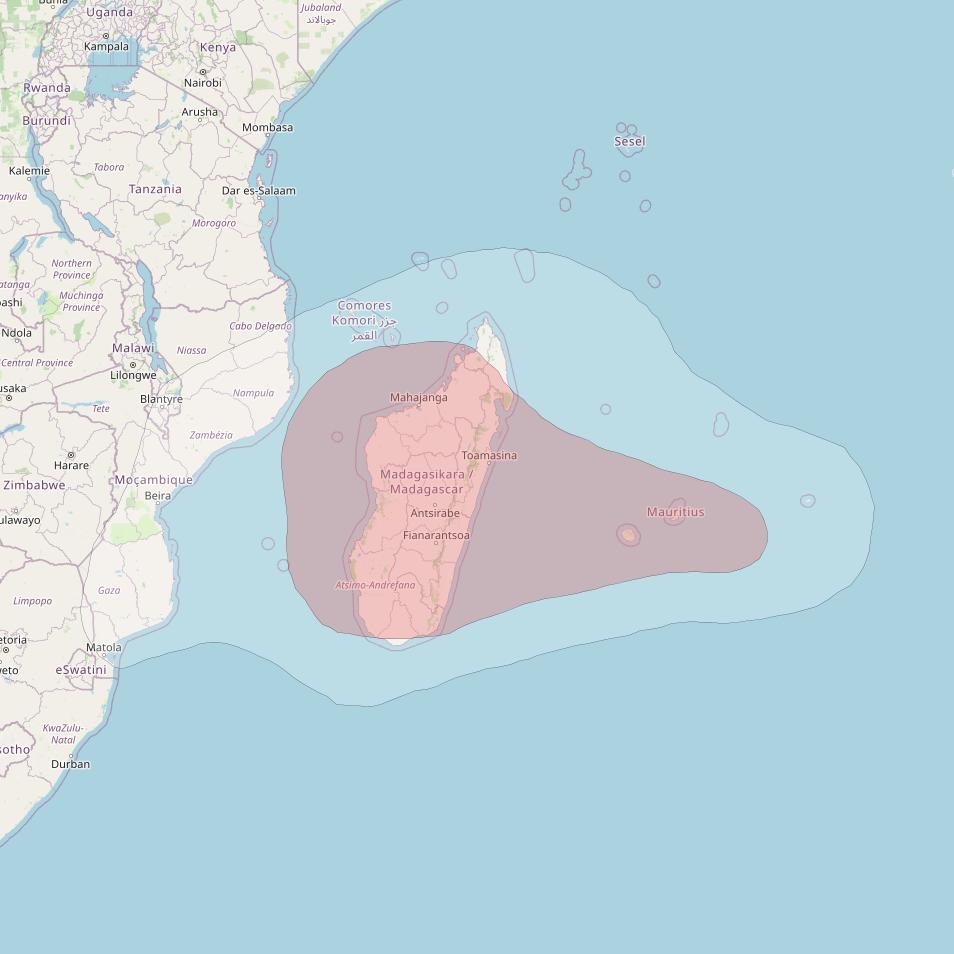 Eutelsat W3B at 16&deg; E downlink Ku-band South East Africa Beam coverage map