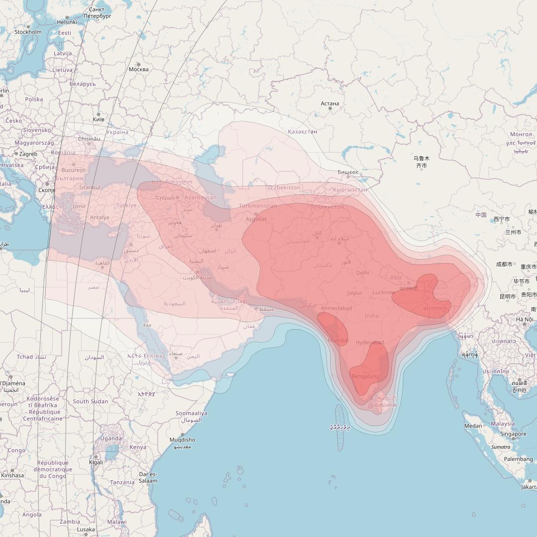 AsiaSat 5 at 101° E downlink Ku-band South Asia Beam coverage map