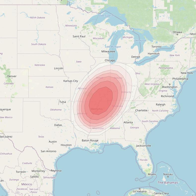 Echostar 10 at 110° W downlink Ku-band Spot NWTennesseeT14 Beam coverage map