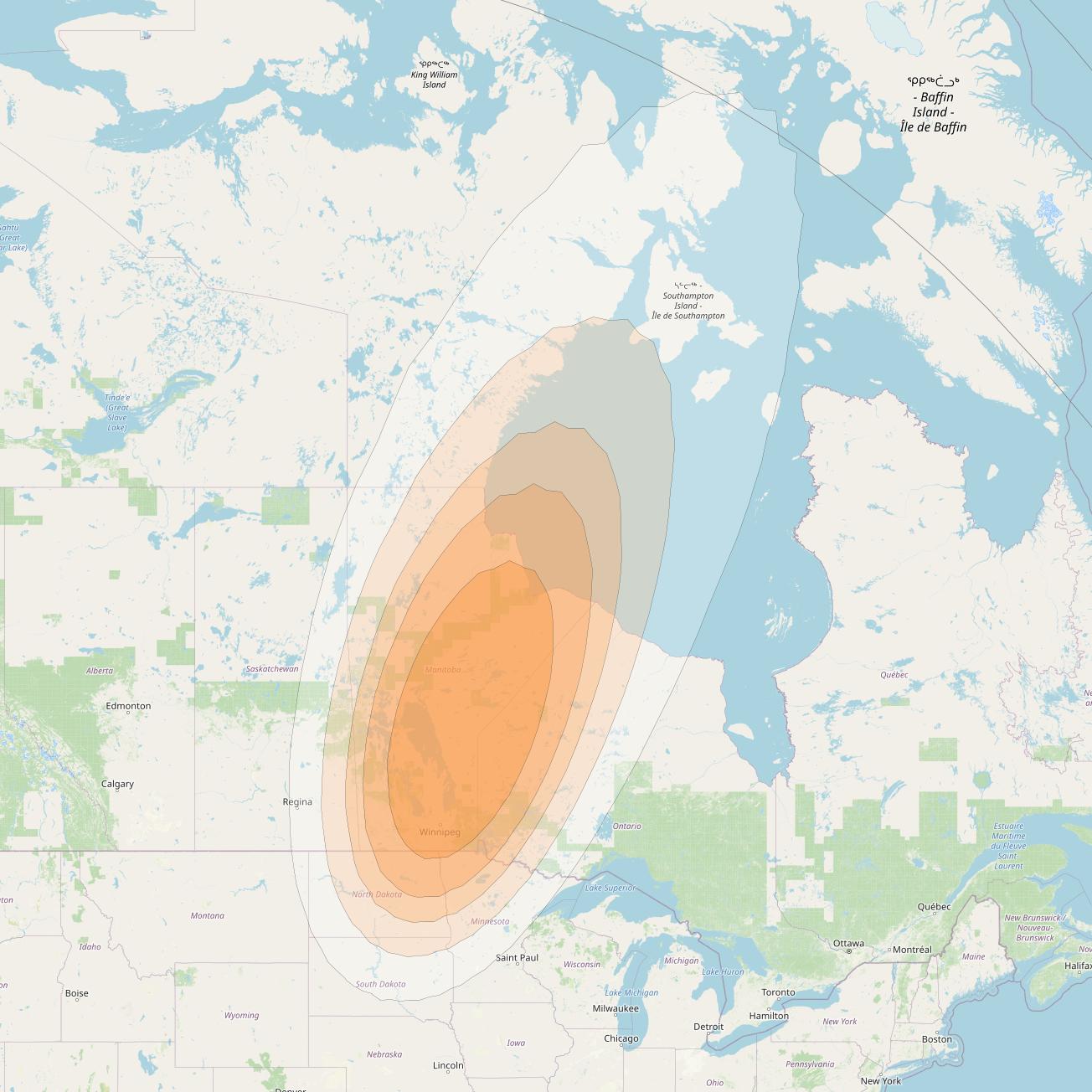 Anik F2 at 111° W downlink Ka-band Spot 9 beam coverage map