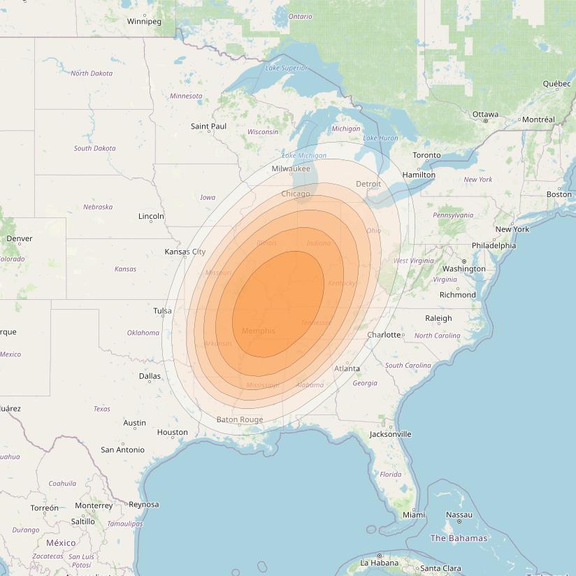 Wildblue 1 at 111° W downlink Ka-band Spot 124 (APA6GW35) beam coverage map