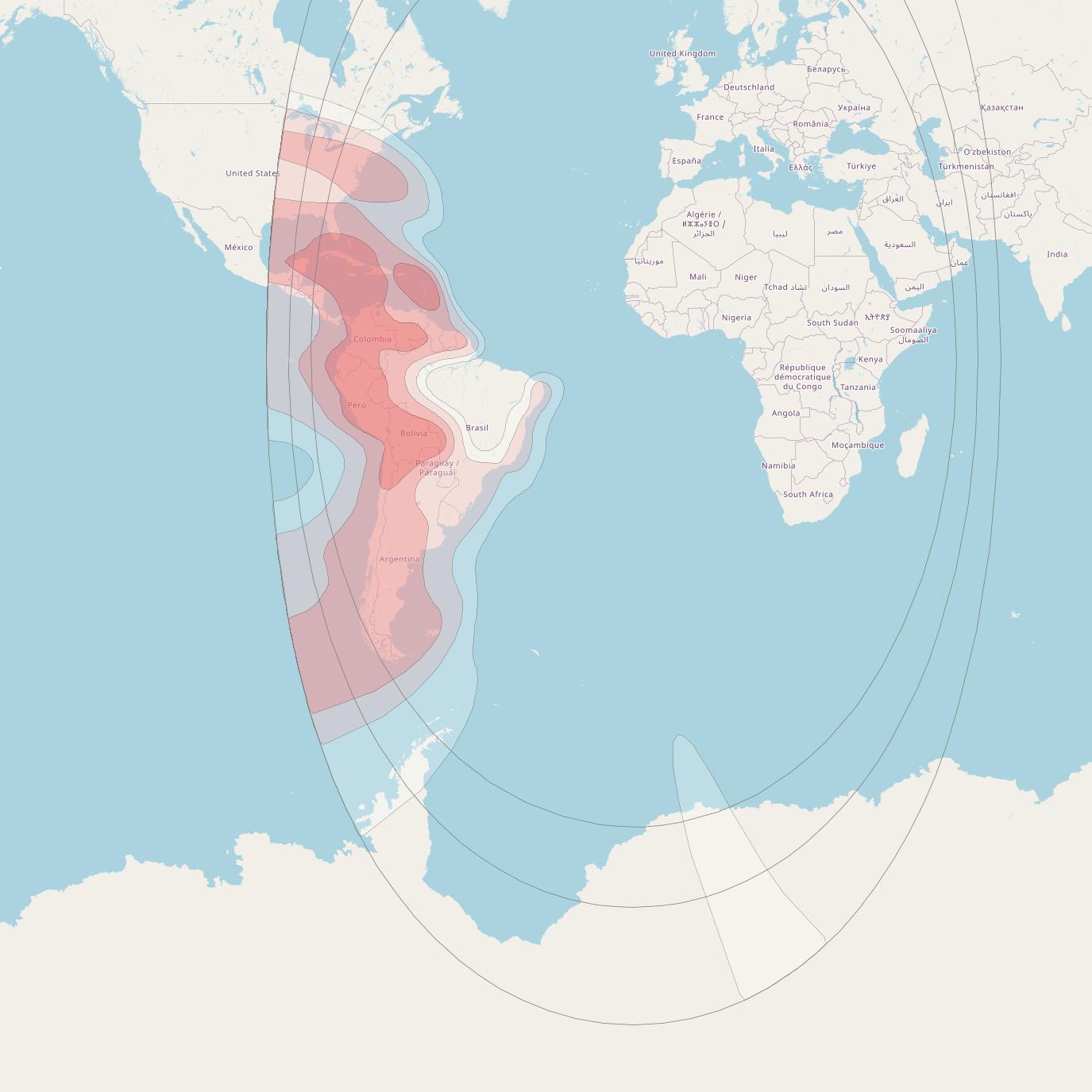 Telstar 12V at 15° W downlink Ku-band PanAmerican beam coverage map