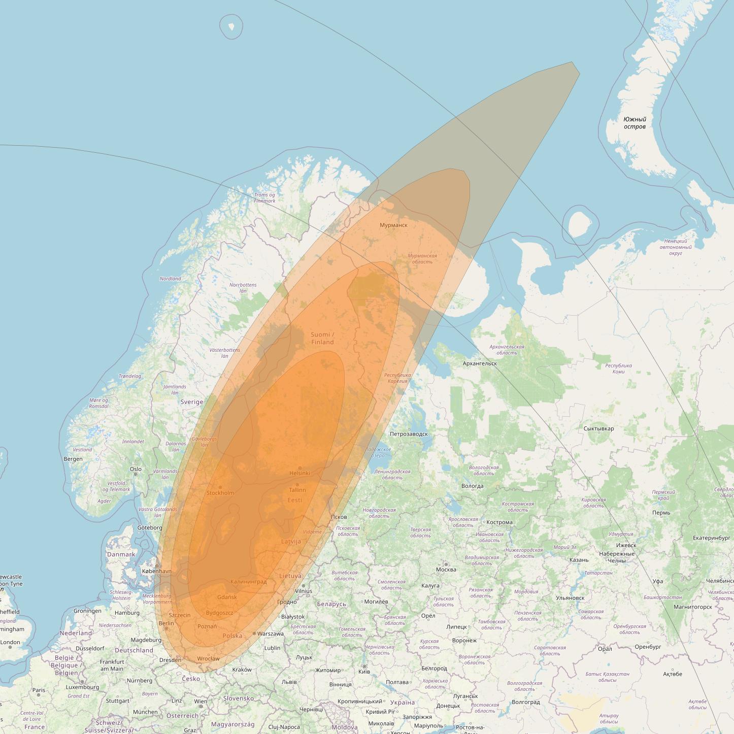 Thor 7 at 1° W downlink Ka-band Spot 01 beam coverage map