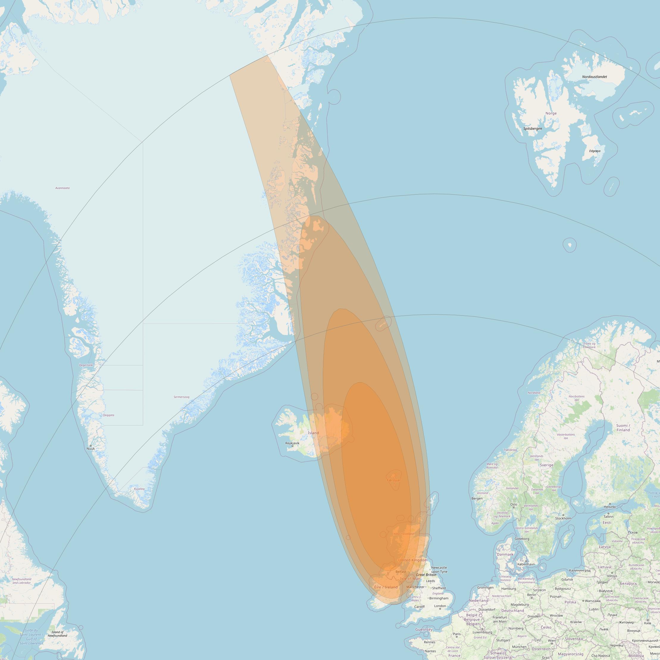 Thor 7 at 1° W downlink Ka-band Spot 05 beam coverage map