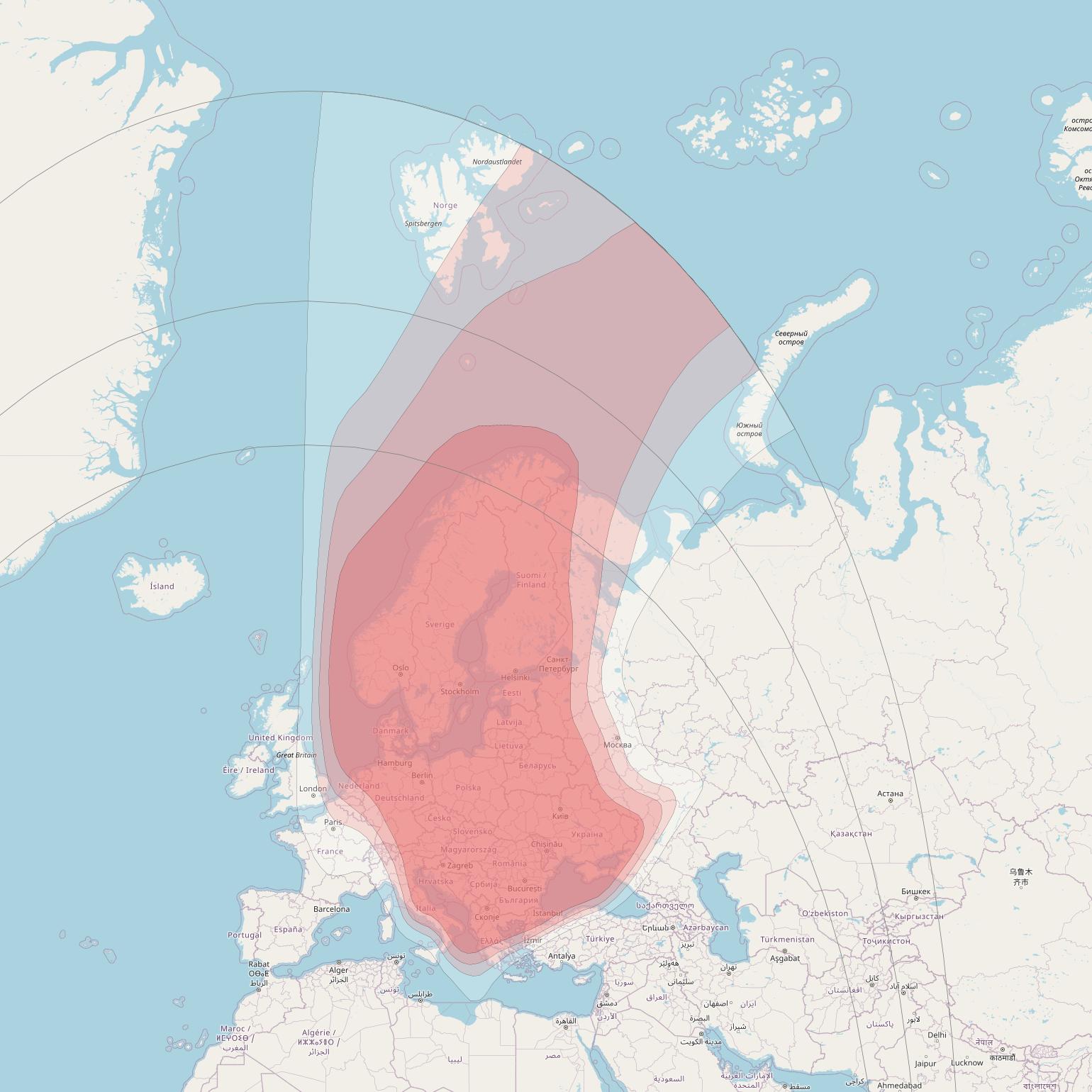 Thor 7 at 1° W downlink Ku-band Central and Eastern Europe beam coverage map