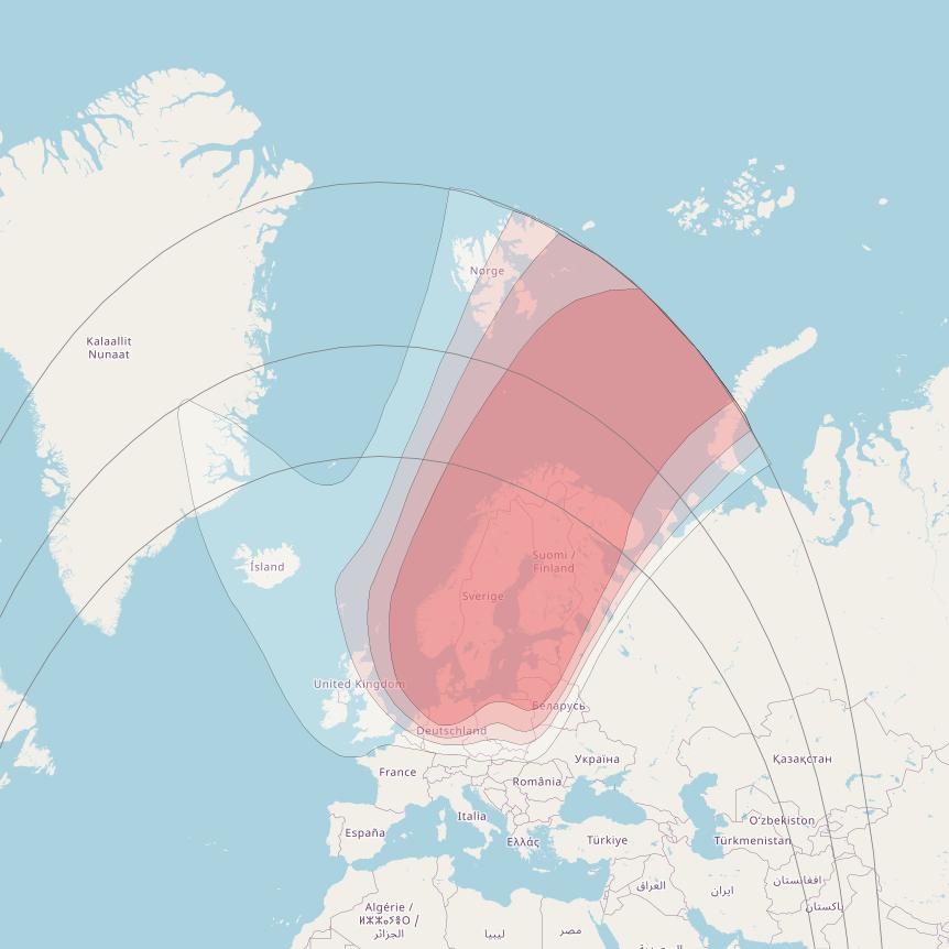 Thor 5 at 1° W downlink Ku-band T1 Nordic Beam coverage map
