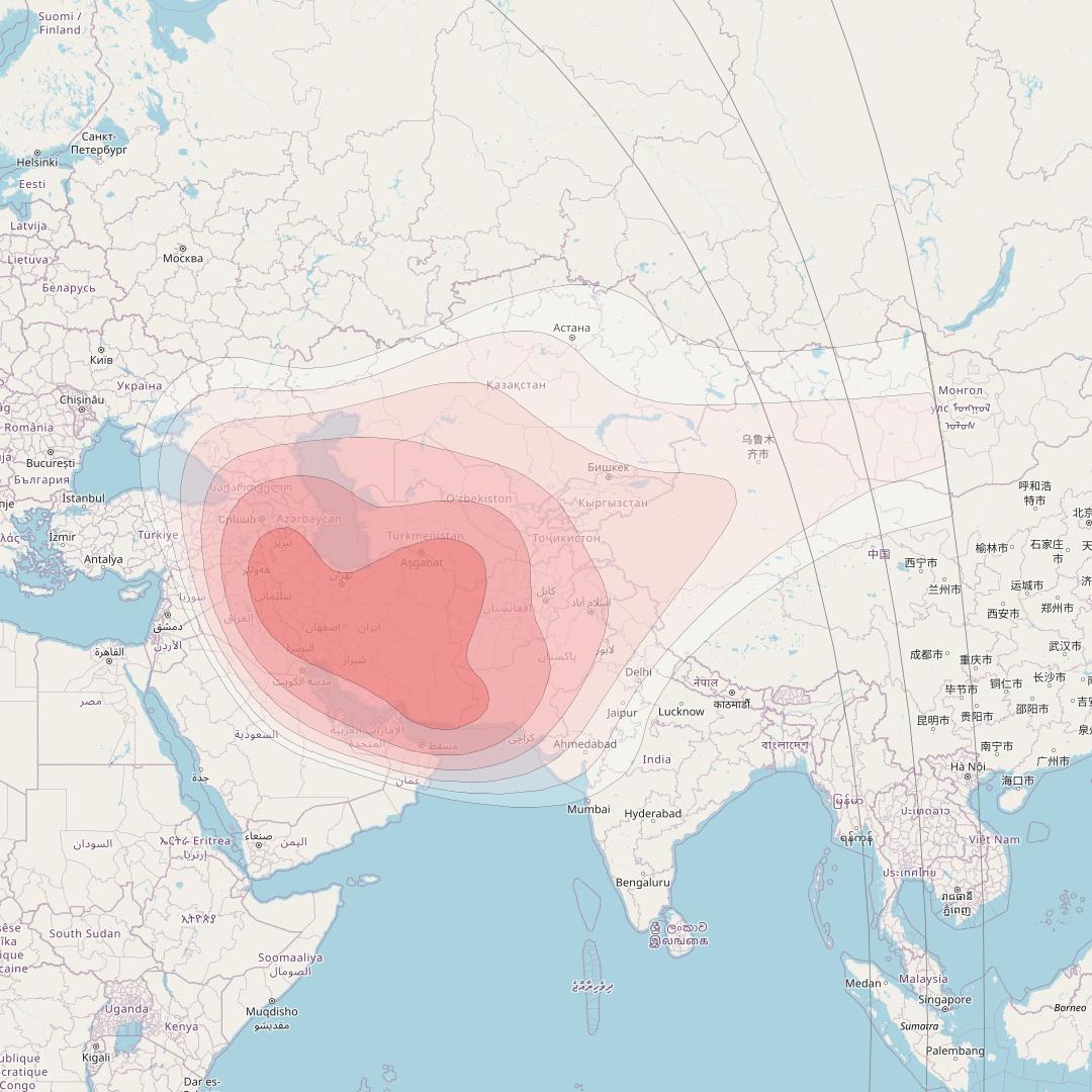 Badr 7 at 26° E downlink Ku-band FSS Central Asia beam coverage map