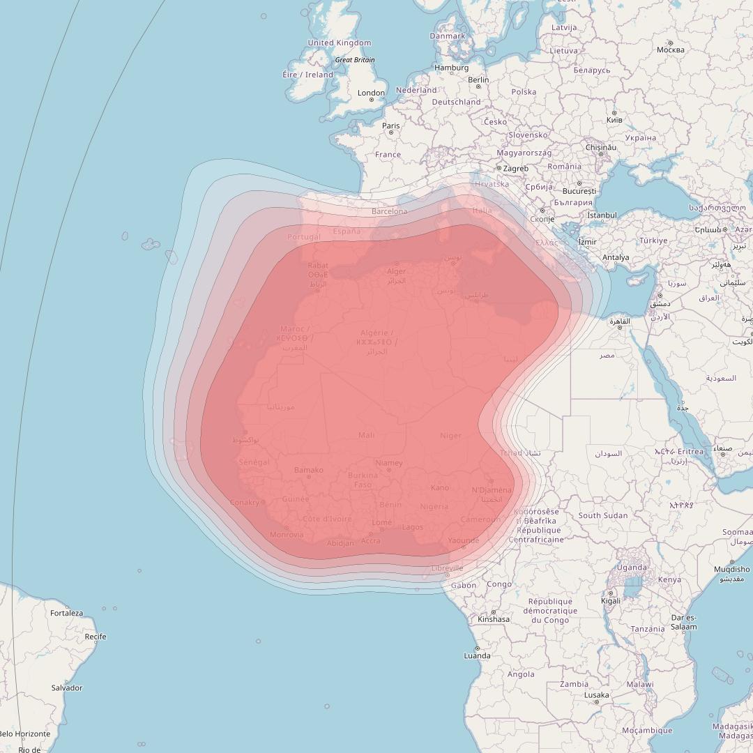 BADR 7 at 26° E downlink Ku-band FSS North West Africa beam coverage map