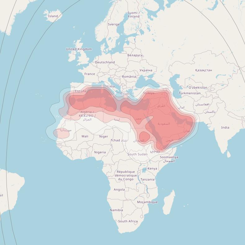 Es'hail 2 at 25° E downlink Ku-band MENA beam coverage map