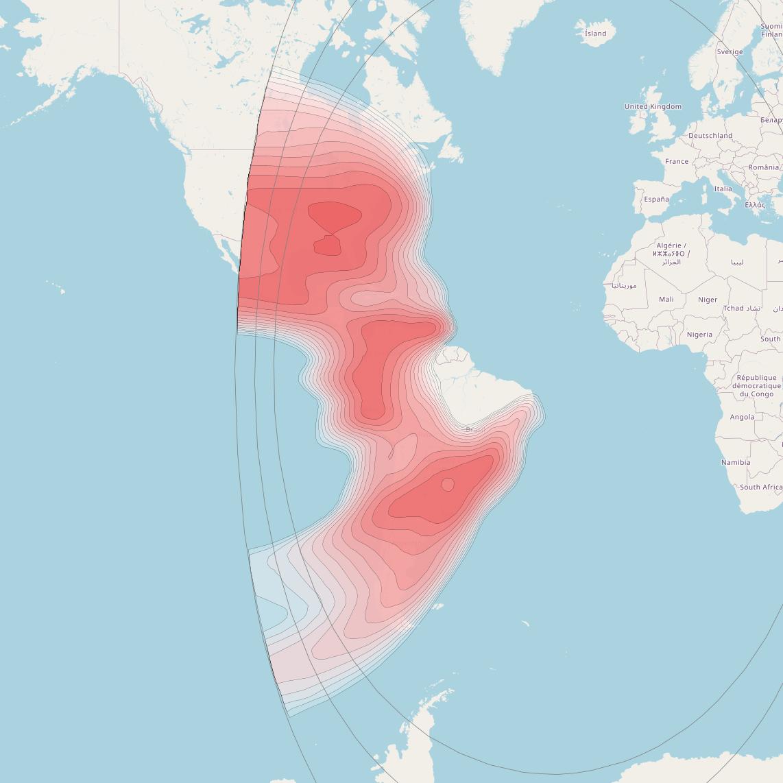 Hispasat 30W-5 at 30° W downlink Ku-band Americas beam coverage map