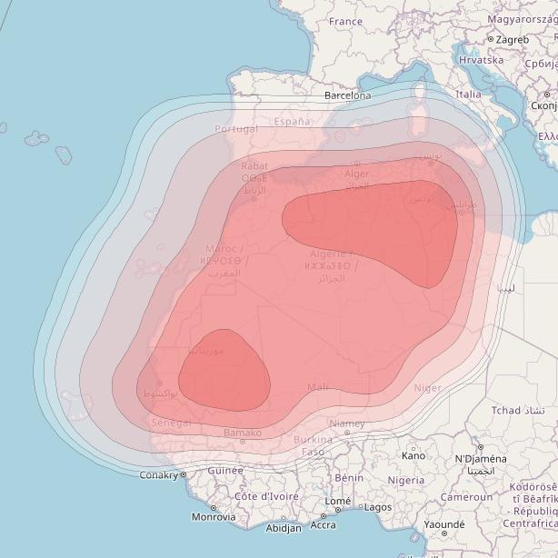 Arabsat 5A at 31° E downlink Ku-band MAGHREB beam coverage map
