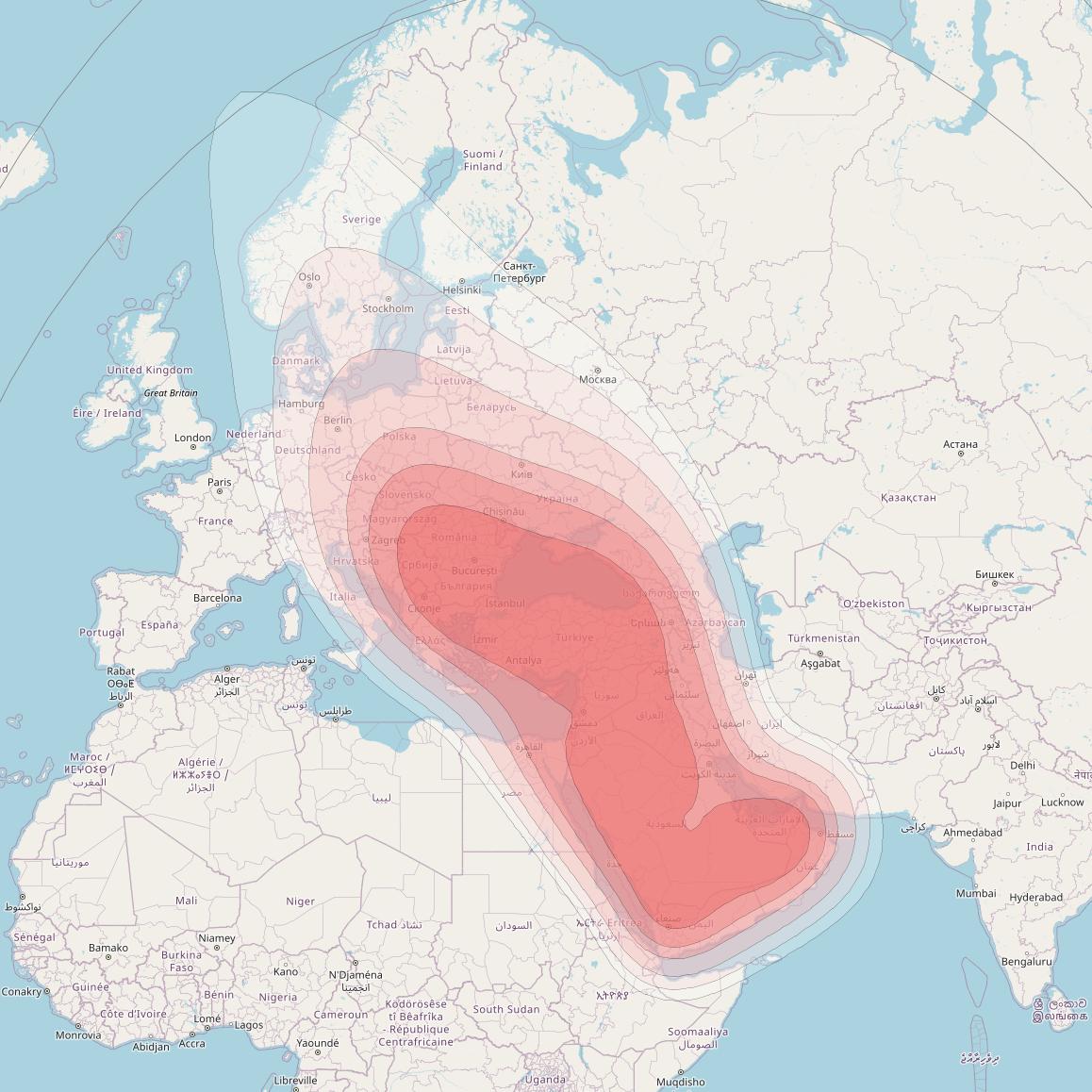 HellasSat 3 at 39° E downlink Ku-band Middle East beam coverage map