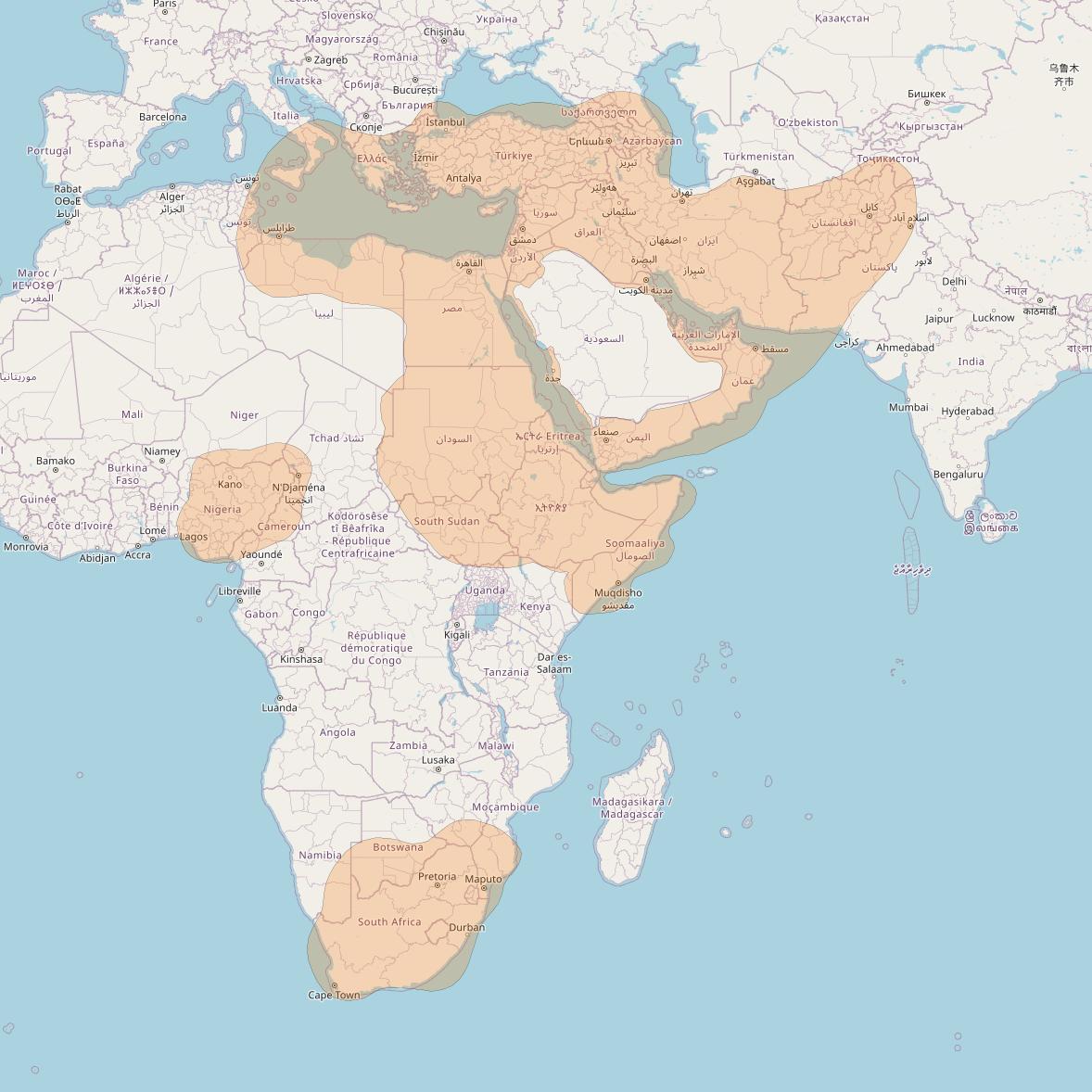 Turksat 5B at 42° E downlink Ka-band Consolidated Multispot beam coverage map