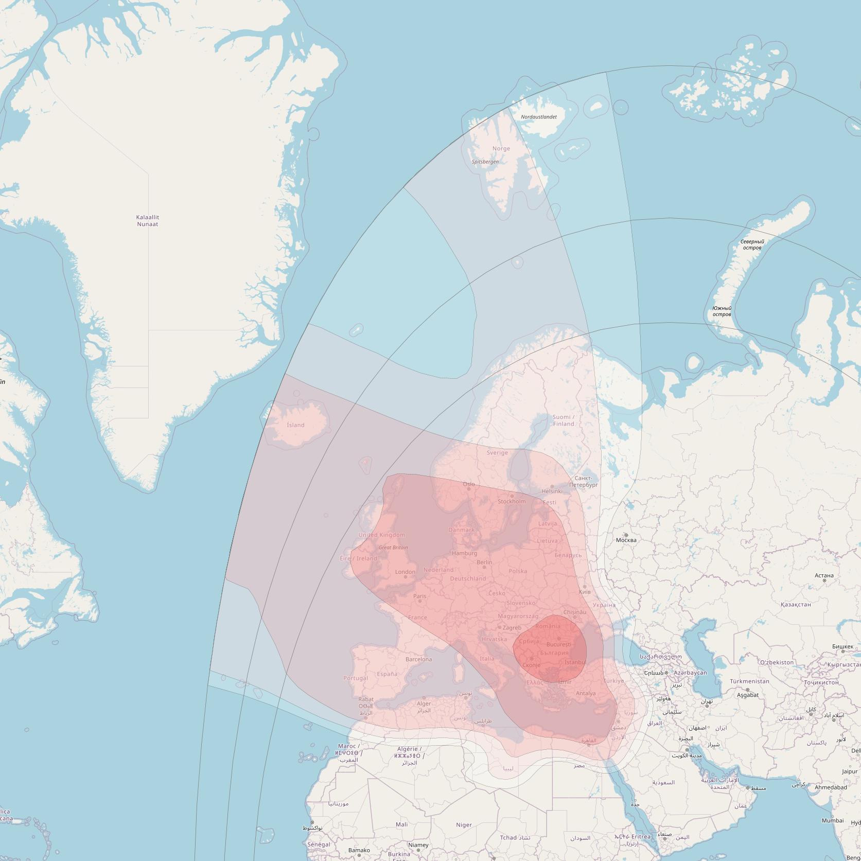 Azerspace 2 at 45° E downlink Ku-band Europe beam coverage map