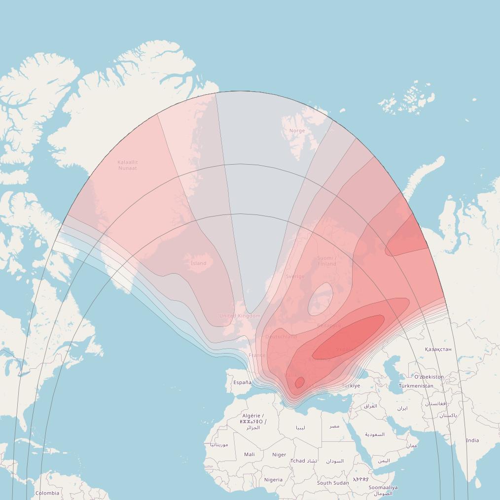 Amos 7 at 4° W downlink Ku-band Pan-European beam coverage map