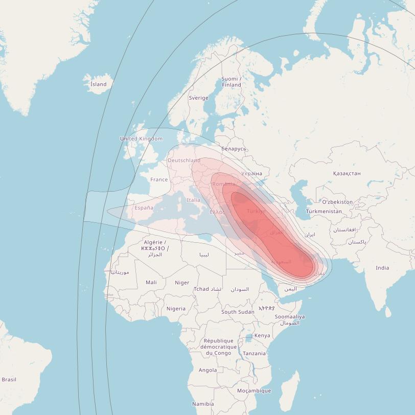 Yamal 402 at 55° E downlink Ku-band European beam coverage map
