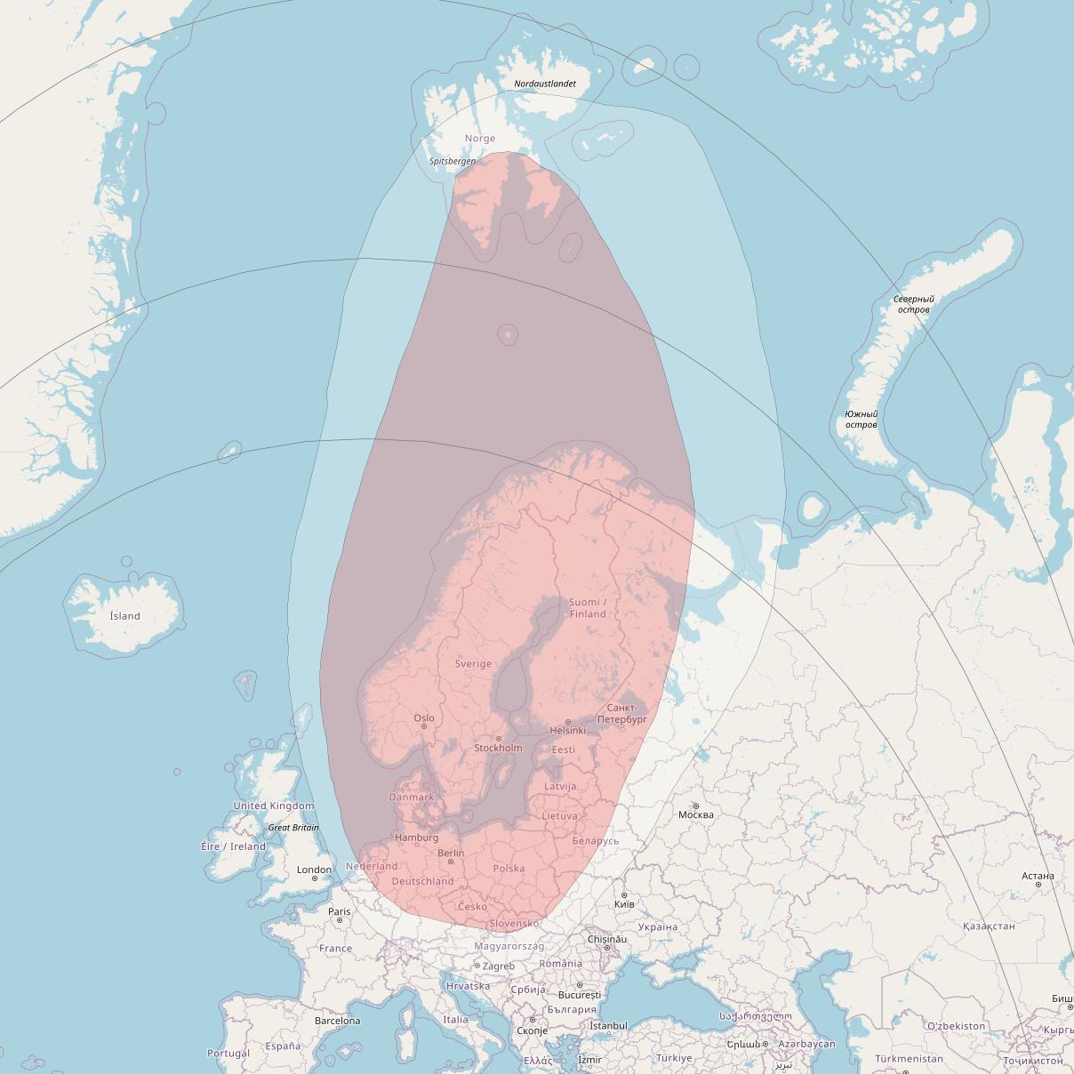 Astra 4A at 5° E downlink Ku-band Nordic FSS Beam coverage map