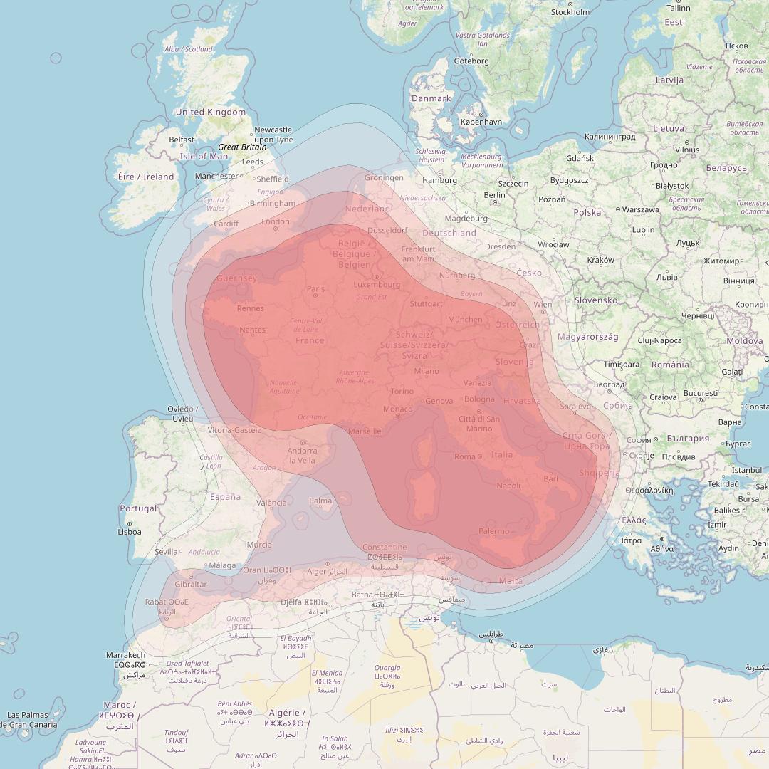 Eutelsat 5 West B at 5° W downlink Ku-band Transalpine beam coverage map