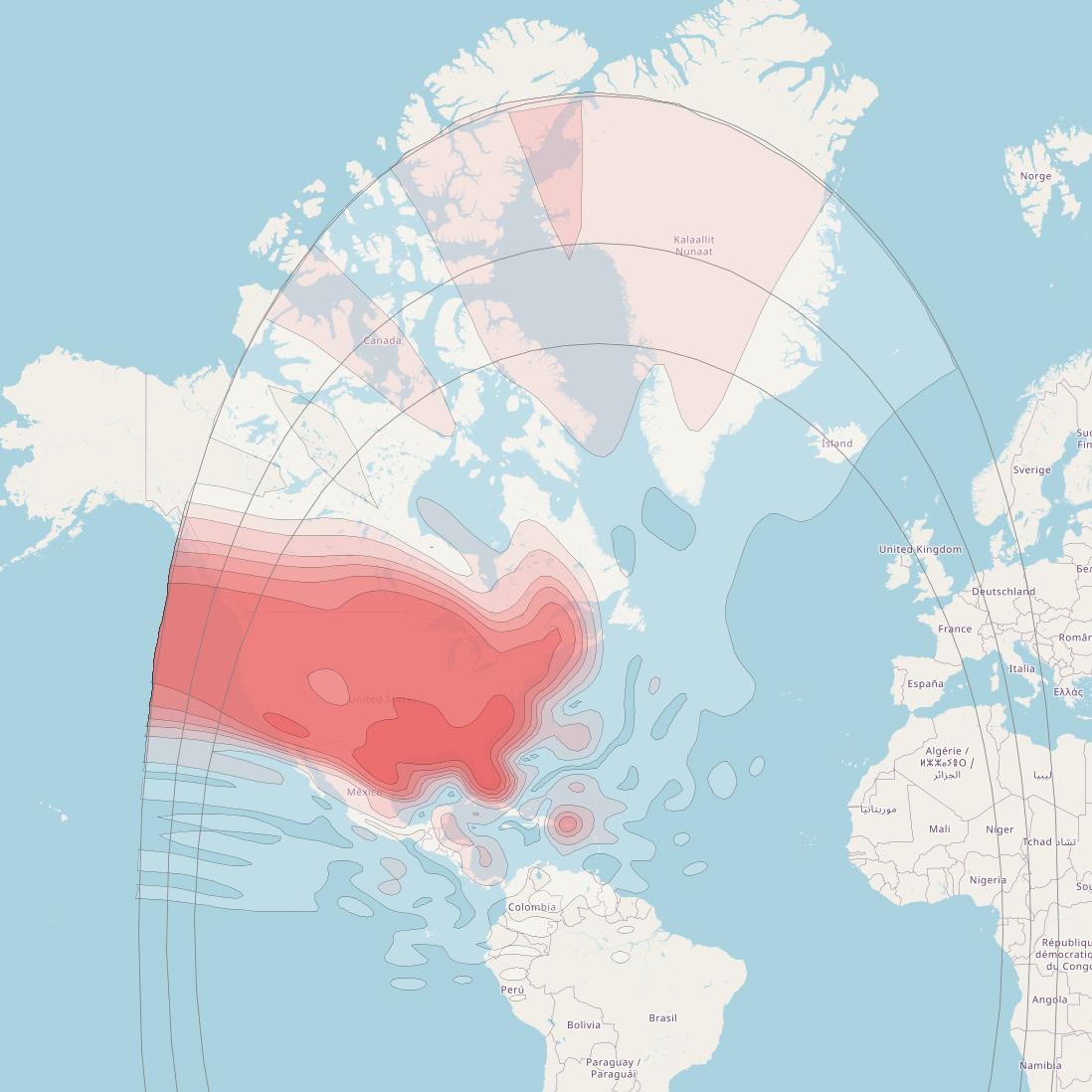 Echostar 16 at 61° W downlink Ku-band CONUS (CONL) beam coverage map