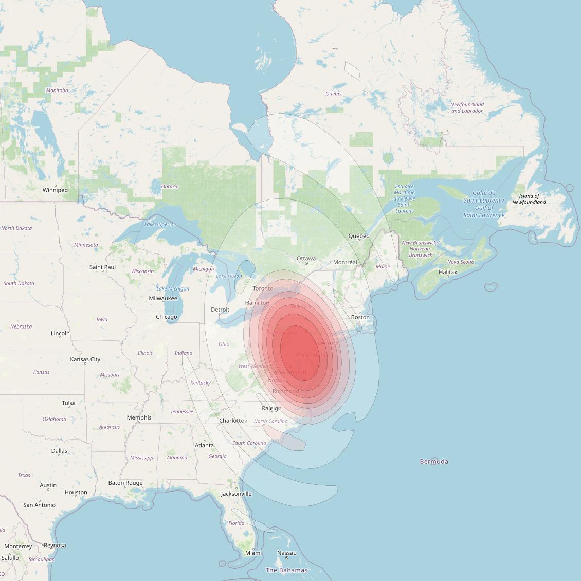 Echostar 16 at 61° W downlink Ku-band Spot SP03 beam coverage map