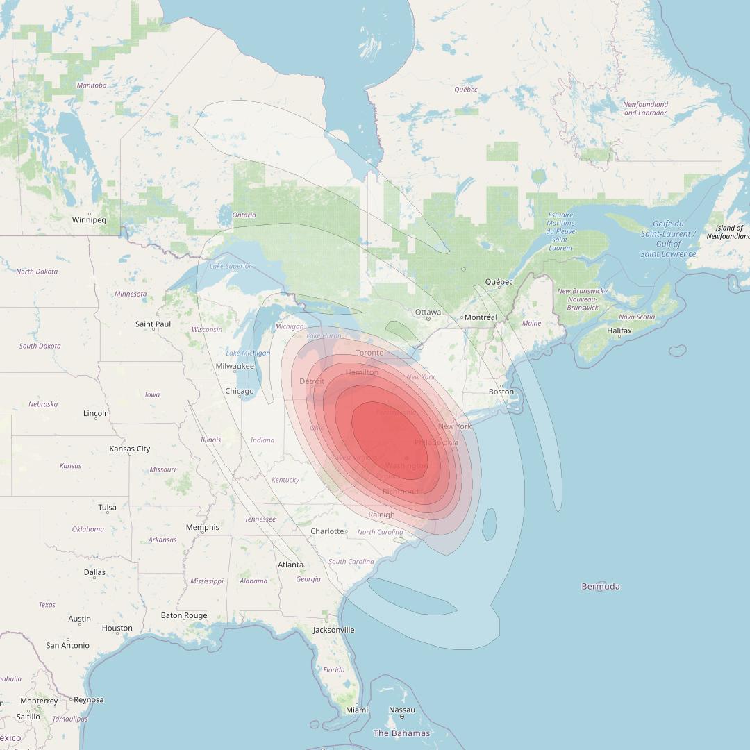 Echostar 16 at 61° W downlink Ku-band Spot SP52 beam coverage map