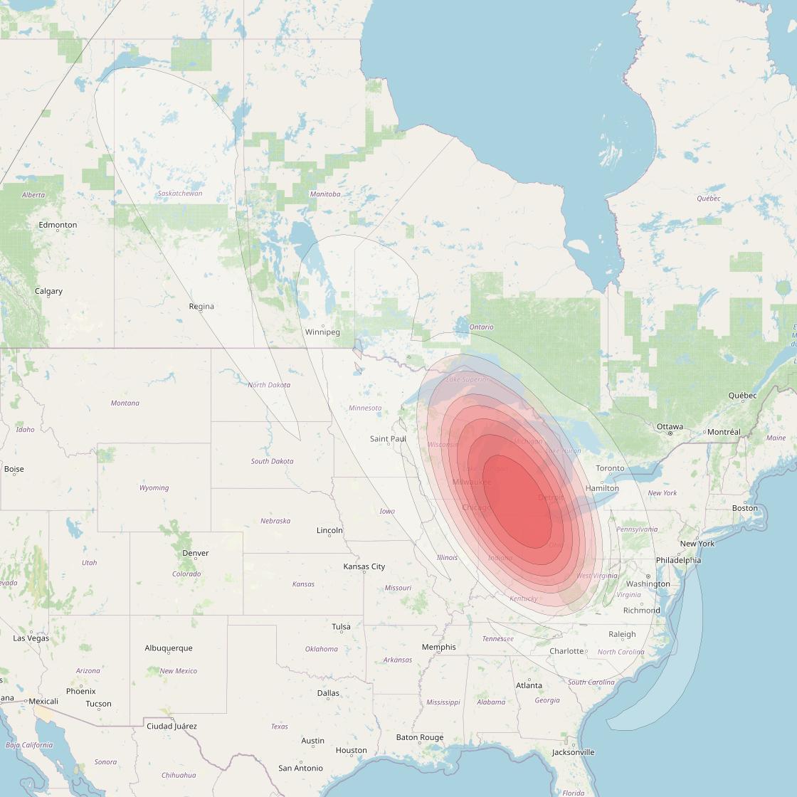 Echostar 16 at 61° W downlink Ku-band Spot SP54 beam coverage map