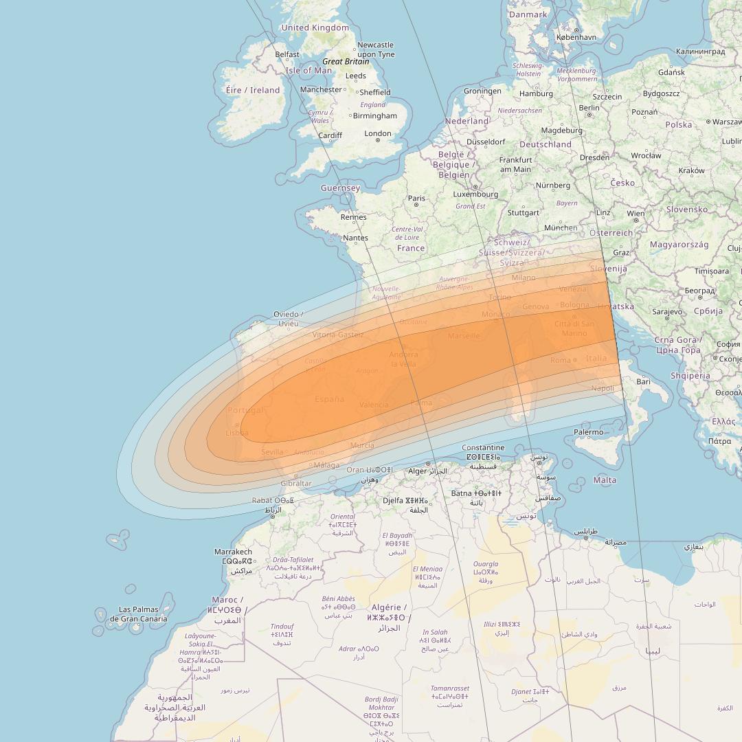 Telstar 19V at 63° W downlink Ka-band Madrid Gateway beam coverage map