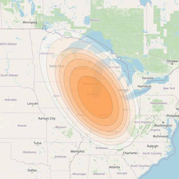 Telstar 19V at 63° W downlink Ka-band Monee Gateway beam coverage map