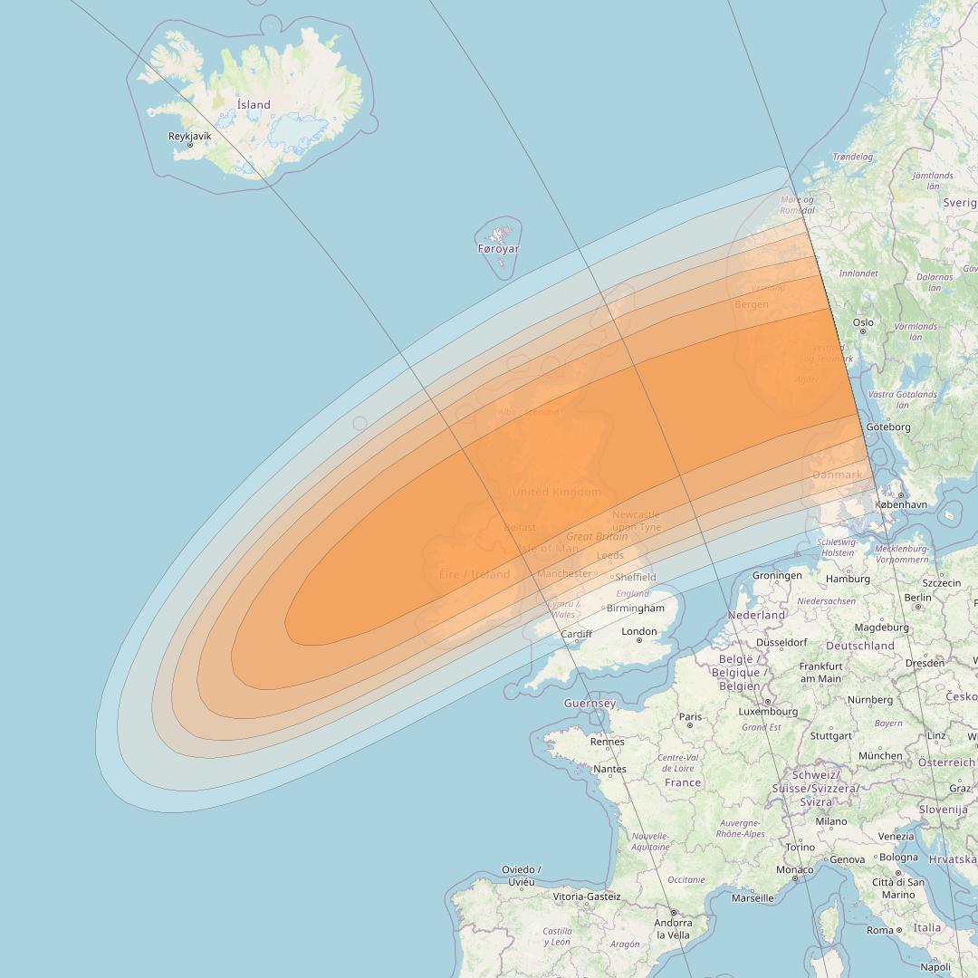 Telstar 19V at 63° W downlink Ka-band TX50 HTS Spot beam coverage map