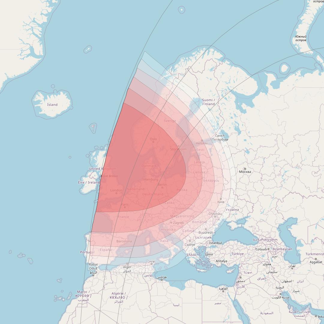 Eutelsat 70B at 70° E downlink Ku-band Europe beam coverage map