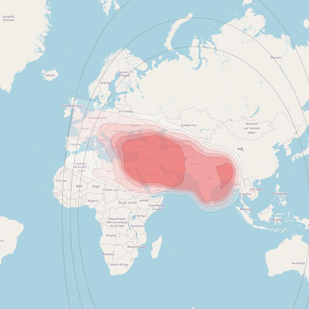 Eutelsat 70B at 70° E downlink Ku-band Wide beam coverage map