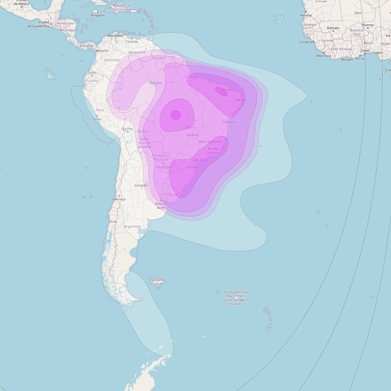 Star One D2 at 70° W downlink C-band Brazil and South America beam coverage map
