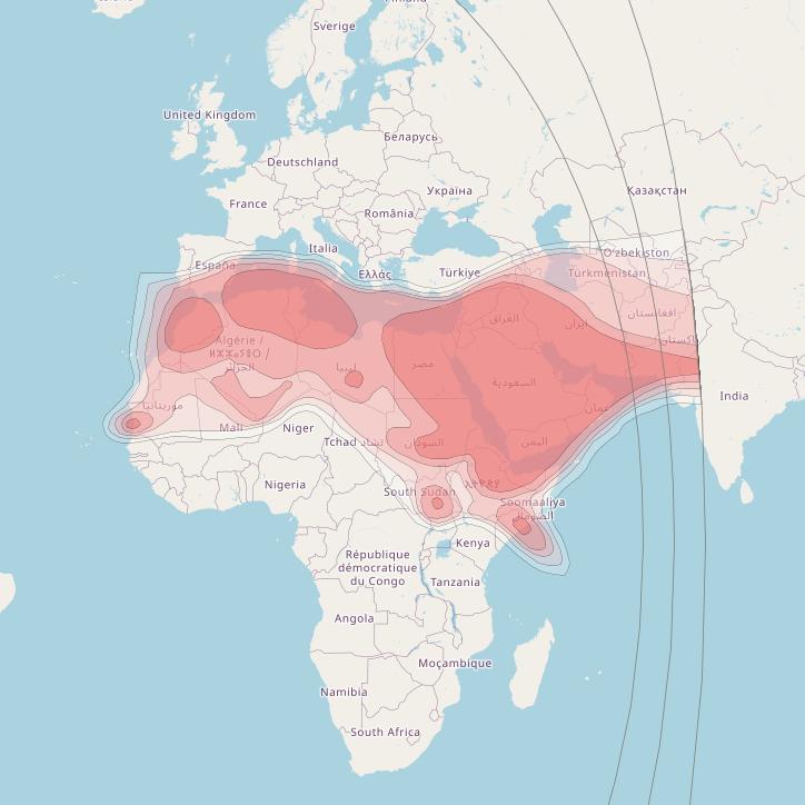Nilesat 301 at 7° W downlink Ku-band Middle East and North Africa beam coverage map