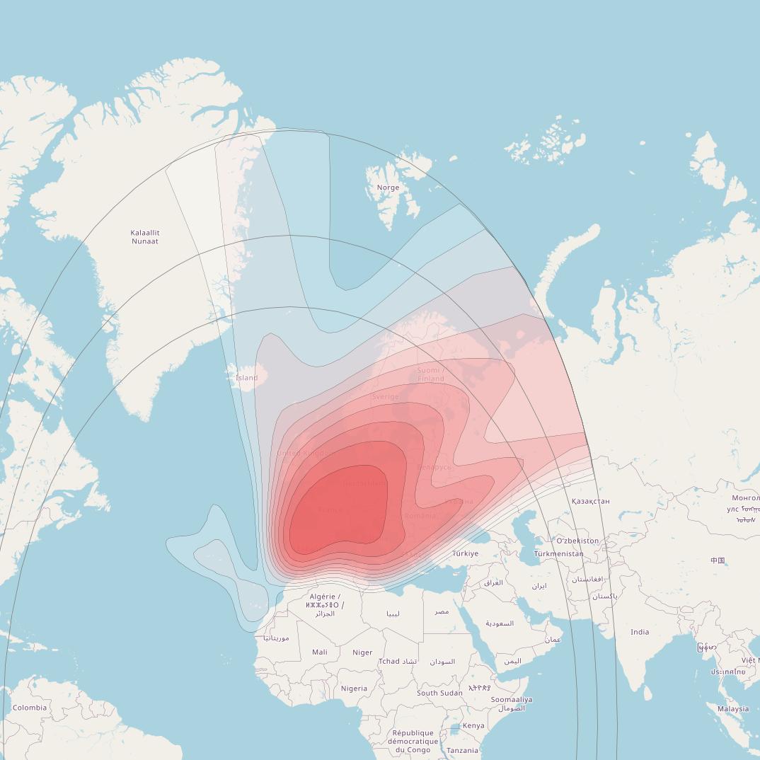 Eutelsat 8 West B at 8° W downlink Ku-band Europe beam coverage map