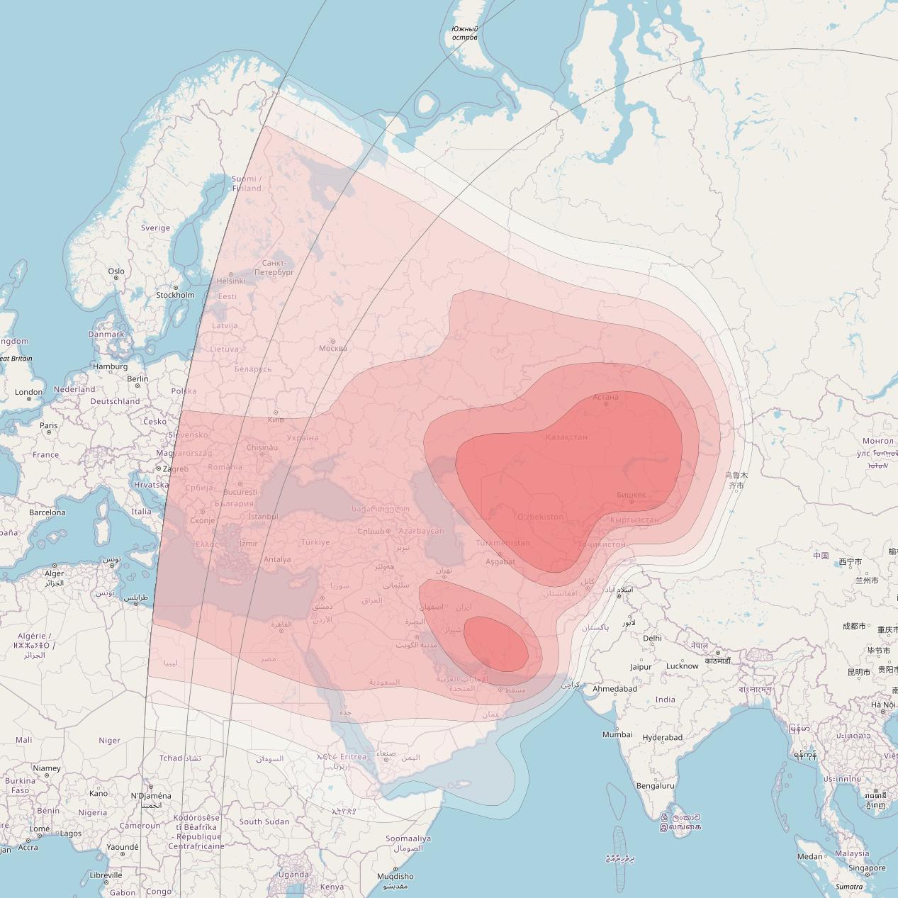 SES 12 at 95° E downlink Ku-band West Central Asia beam coverage map