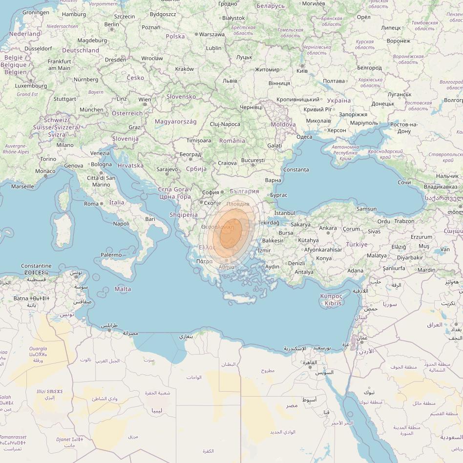 Eutelsat KA-SAT 9A at 9° E downlink Ka-band Spot 38 (GW1) beam coverage map