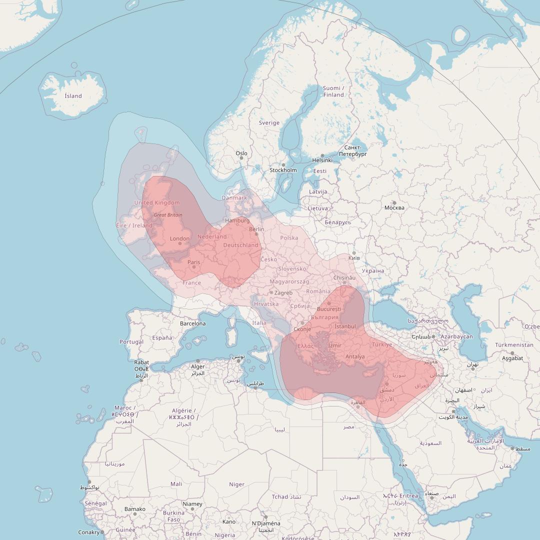 Eutelsat 9B at 9° E downlink Ku-band Greece beam coverage map