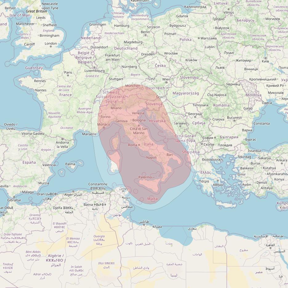 Eutelsat 9B at 9° E downlink Ku-band Italy beam coverage map
